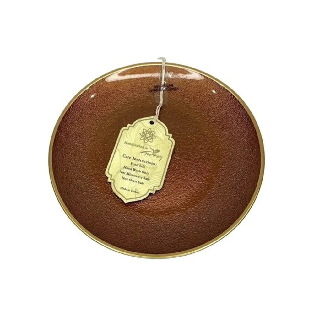 Turkish Glass 4 Salad Dessert Plates Set Brown Bronze Texture Gold Rim 8.25
